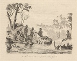 Title: Naturels de la Tasmanie pêchant des coquillages. [Natives of Tasmania gathering shellfish] | Date: 1835 | Technique: engraving, printed in black ink, from one steel plate