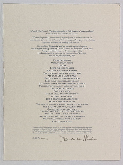 Artist: Allen, Davida | Title: not titled [title page and edition details] | Date: 1991, July - September | Technique: lithograph, printed in blue ink, from one stone
