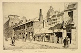 Artist: LINDSAY, Lionel | Title: Old Elizabeth Street | Date: 1935 | Technique: etching, drypoint and foul biting, printed in brown ink with plate-tone, from one plate | Copyright: Courtesy of the National Library of Australia