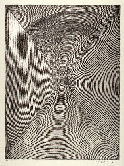 Artist: Cherel, Kumanjayi (Butcher). | Title: Jilawoona / Willy willy II | Date: 1998 | Technique: etching, printed in black ink, from one plate