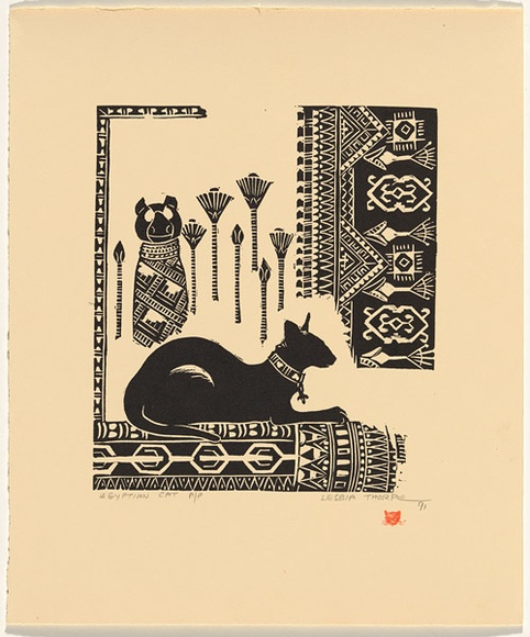 Artist: Thorpe, Lesbia. | Title: Egyptian cat | Date: 1991 | Technique: linocut, printed in black ink, from one block; letterpress on verso