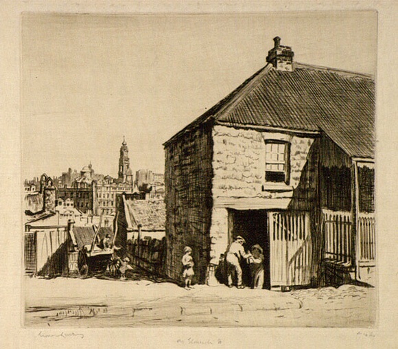 Artist: LINDSAY, Lionel | Title: Old house, Gloucester Street | Date: 1925 | Technique: drypoint, printed in brown ink with plate-tone, from one plate | Copyright: Courtesy of the National Library of Australia