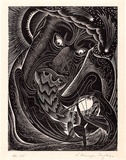 Artist: Taylor, E. Mervyn. | Title: Magical wooden head (Polynesian legend) | Date: 1940s | Technique: wood engraving, printed in black ink, from one block