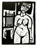 Artist: LAWTON, Tina | Title: (Woman and jug) | Date: c.1963 | Technique: linocut, printed in black ink, from one block