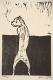 Artist: Williams, Deborah. | Title: not titled [dog standing on hind legs and looking left]. | Date: 2000, October - November | Technique: woodcut, printed in black ink, from one block