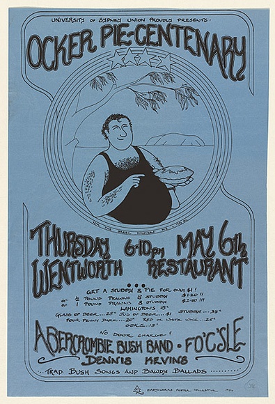 Artist: EARTHWORKS POSTER COLLECTIVE | Title: Ocker pie-centenary | Date: 1976 | Technique: screenprint, printed in black ink, from one stencil