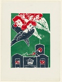 Title: not titled [red-head matches lady in sky with wings over buildings] | Date: 1979 | Technique: linocut, printed in colour, from three blocks