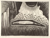 Artist: Adams, Mae. | Title: not titled [stylised landscape with bound object and banksia] | Date: 1986 | Technique: lithograph, printed in black ink, from one stone | Copyright: © Mae Adams. Licensed by VISCOPY, Australia