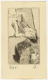 Title: Ockerby Christmas card with falling figure | Date: 1974 | Technique: photo-etching, line-etching and burnishing-out, printed black ink, from one zinc plate