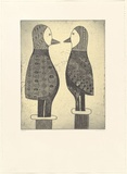 Artist: Murray, Janice. | Title: not titled [2 birds facing eachother] | Date: 1999, July | Technique: etching, intaglio and relief printed in colour, from one plate | Copyright: © Janice Murray and Jilamara Arts + Craft