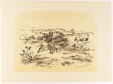 Title: Native sneaking emus. | Date: c. 1889 | Technique: lithograph, printed in colour, from two stones (black and buff); additional hand-colouring