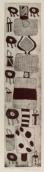 Artist: MUNGATOPI, Maryanne | Title: Pamajini, tunga bag and ceremony pole | Date: 1996, June | Technique: etching, printed in black ink, from one plate