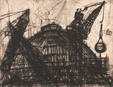 Artist: Luccio, Marco. | Title: Cranes and State Library from the QVB site. | Date: 2003 | Technique: drypoint, printed in black ink, from one plate
