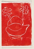 Title: Card: [kettle and flowers] | Technique: linocut, printed in red ink, from one block