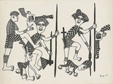 Artist: Kauage, Mathias. | Title: not titled [five figures with weapons] | Date: 1984 | Technique: screenprint, printed in black ink, from one screen