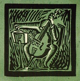 Artist: Barwell, Geoff. | Title: (The bass player). | Date: (1955) | Technique: linocut, printed in colour, from two blocks