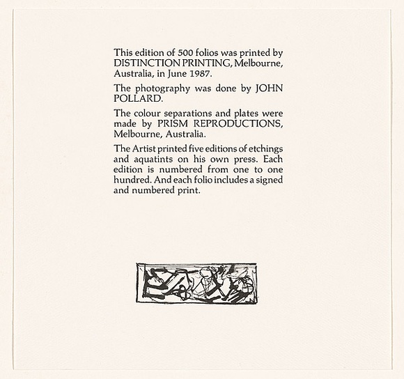 Title: Colophon for Bruno Leti: Landscapes, memories and fantasies | Date: 1987 | Technique: offset-lithograph, printed in black ink, from one plate