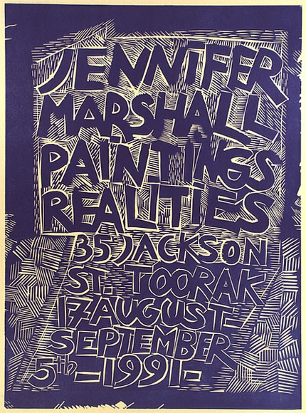 Artist: Marshall, Jennifer. | Title: Jennifer Marshall paintings realities. 35 Jackson St Toorak, 17 August -  September 5th 1991 | Date: 1991 | Technique: linocut, printed in purple ink, from one block