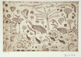 Artist: Laurel, Doris Jayirtna. | Title: The two emus are taking their chicks for a walk | Date: 2001, August - September | Technique: etching, printed in sepia ink, from one plate