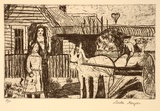 Artist: Kenyon, Linda. | Title: not titled [figures, house, horse and buggy] | Date: 1990s | Technique: etching, printed in black ink, from one plate