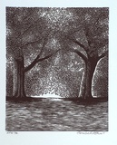 Artist: Atkins, Ros. | Title: not titled [two trees side by side] | Date: 2001, February | Technique: linocut, printed in black ink, from one block
