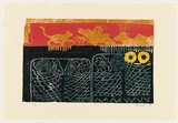 Title: not titled [cat and other creatures on garden wall] | Date: 1988 | Technique: woodcut, printed in colour, from five blocks
