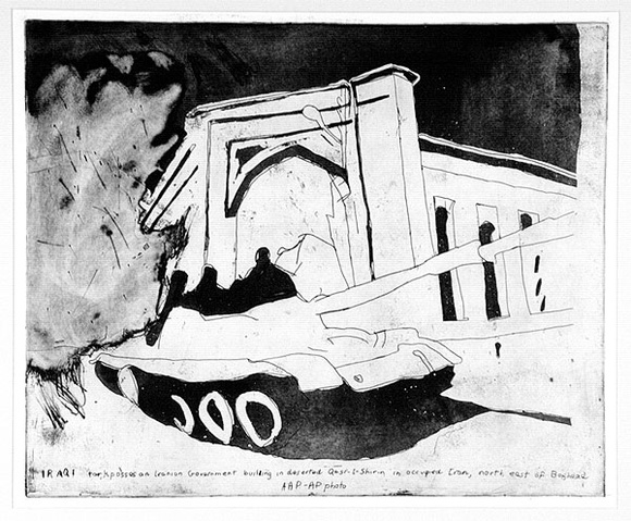 Artist: L'Estrange, Sally. | Title: Iraqi tank passes an Iranian Government building in deserted Qasr-I-Shirin | Date: 1981 | Technique: etching, aquatint and flat bite, printed in black ink, from one plate