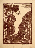 Artist: Woolcock, Marjorie. | Title: Trees in moonlight | Date: 1950s | Technique: linocut, printed in brown ink, from one block