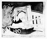 Artist: L'Estrange, Sally. | Title: Iraqi tank passes an Iranian Government building in deserted Qasr-I-Shirin | Date: 1981 | Technique: etching, aquatint and flat bite, printed in black ink, from one plate