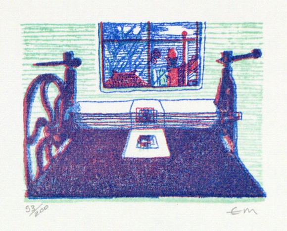 Artist: Milsom, Elizabeth (Liz). | Title: (Printing press) | Date: 1987 | Technique: screenprint, printed in colour, from multiple stencils