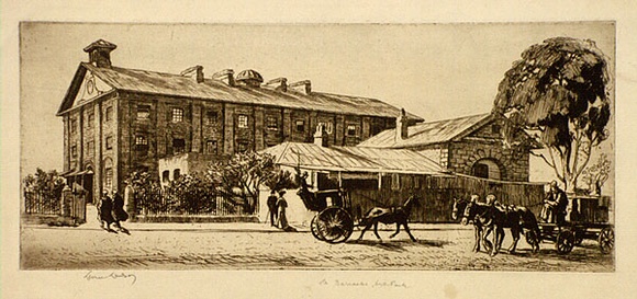 Artist: LINDSAY, Lionel | Title: Old Barracks, Hyde Park | Date: 1912 | Technique: etching and aquatint, printed in brown ink with plate-tone in brown ink, from one plate | Copyright: Courtesy of the National Library of Australia