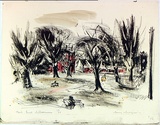 Artist: MACQUEEN, Mary | Title: Park, East Melbourne | Date: c.1956 | Technique: lithograph, printed in black ink, from one plate; hand-coloured | Copyright: Courtesy Paulette Calhoun, for the estate of Mary Macqueen