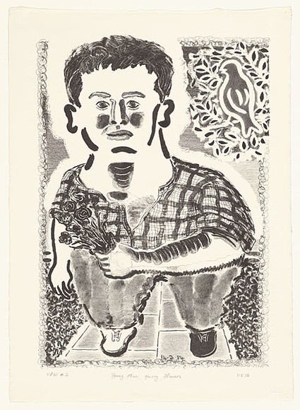 Artist: Francis, David. | Title: Young man giving flowers | Date: 1984 | Technique: lithograph, printed in black ink, from one stone