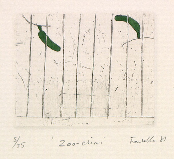 Artist: Fransella, Graham. | Title: 'Zoo-chini'. | Date: 1981 | Technique: etching and foul-biting, printed in black ink, from one plate; hand-coloured | Copyright: Courtesy of the artist