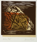 Artist: Kamp, Jenni. | Title: not titled [landscape in colour plus chine colle] | Date: 1998, May/June | Technique: linocut, printed in black ink, from one block