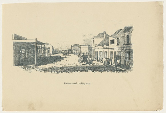 Title: Hindley Street looking west | Date: c.1880s | Technique: transfer-lithograph, printed in dark green, from one stone [or plate]