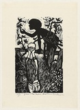 Artist: AMOR, Rick | Title: Lliam and Zoe picking blackberries. | Date: 1981 | Technique: woodcut, printed in black ink, from one block