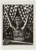 Artist: Klein, Deborah. | Title: See the lady sawn in half! [upper half] | Date: 1997 | Technique: linocut, printed in black ink, from one block