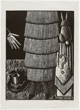 Artist: Klein, Deborah. | Title: See the lady sawn in half! [lower section] | Date: 1997 | Technique: linocut, printed in black ink, from one block