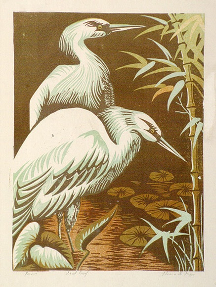 Artist: HIGGS, Florence | Title: Herons | Date: c.1954 | Technique: linocut, printed in colour, from four blocks | Copyright: Unable to display image
due to Copyright Restrictions Artist: HIGGS, Florence | Title: Herons | Date: c.1954 | Technique: linocut, printed in colour, from four blocks | Copyright: Unable to display image
due to Copyright Restrictions