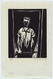 Artist: AMOR, Rick | Title: [man with gun] | Date: 1984 | Technique: linocut, printed in black ink, from one block | Copyright: © Rick Amor. Licensed by VISCOPY, Australia.