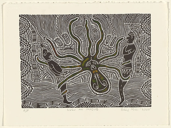 Artist: Missy, Billy. | Title: Sugu Ah Mabud | Date: 2000 | Technique: linocut, printed in black ink, from one block; hand-coloured