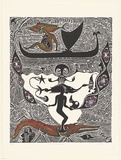 Artist: Nona, Dennis. | Title: Ngaw kukuwam (The lovers) | Date: 1996 | Technique: linocut, printed in black ink, from one block; hand-coloured with synthetic polymer paint | Copyright: Courtesy of the artist and the Australia Art Print Network
