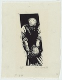 Artist: AMOR, Rick | Title: [man looking at skull] | Date: 1984 | Technique: linocut, printed in black ink, from one block | Copyright: © Rick Amor. Licensed by VISCOPY, Australia.