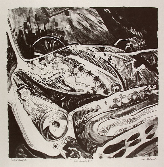Artist: Hillard, Merris. | Title: Car smash 2 | Date: c.1986 | Technique: lithograph, printed in black ink, from one stone