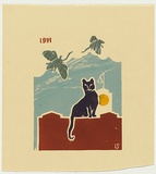Title: not titled [cat sitting on wall with flying mice] | Date: 1981 | Technique: linocut, printed in colour, from five blocks