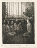 Artist: Wigley, James. | Title: McLeod and mob in jail | Date: c.1956 | Technique: etching, printed in black ink, from one plate