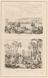Title: Hobart-Town, du côté des casernes and Groupe de convicts dans un défrichement [Hobart-Town, towards the barracks and Group of convicts in a clearing] | Date: 1835 | Technique: engraving, printed in black ink, from one steel plate