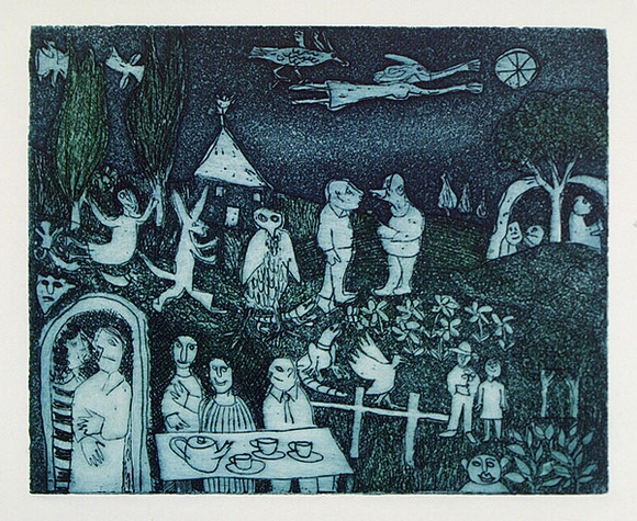 Artist: Allen, Joyce. | Title: (Tea party). | Date: (1980s) | Technique: etching, aquatint printed in colour, from two  plates