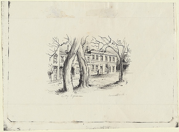 Artist: Jack, Kenneth. | Title: Old Houses, Eastern Hill | Date: 1954 | Technique: lithograph, printed in black ink, from one zinc plate | Copyright: © Kenneth Jack. Licensed by VISCOPY, Australia